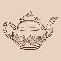 Teapot of tea with berries. Hand drawn illustration in outline style. vector