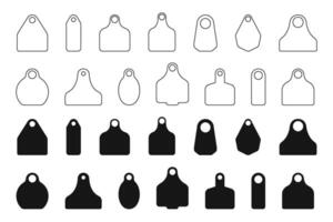 Eartags for cattle. Set of empty identification labels for farm animals isolated on white background. Collection of earmark mockups for livestock. Pets ID tags. flat and outline illustration vector