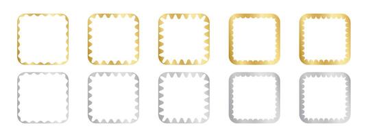 Set of gold square mirror, photo or picture frames with wiggly inner borders. Design elements with scalloped edges. Golden labels, stickers or tags isolated on white background. illustration vector