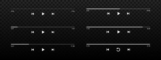 Set of audio or player loading bars with time slider, play, rewind and fast forward buttons on black background. Templates of audioplayer or audiobook app interface. graphic illustration vector
