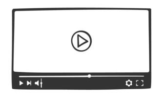 player interface in doodle style. Hand drawn online film screen with progress slider bar and buttons. Multimedia mobile app window template for movie playing vector