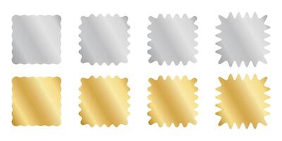 Set of silver and gold square stickers with wiggle borders. Shining labels, badges, price tags, coupons, stamps undulate shapes isolated on white background. illustration vector