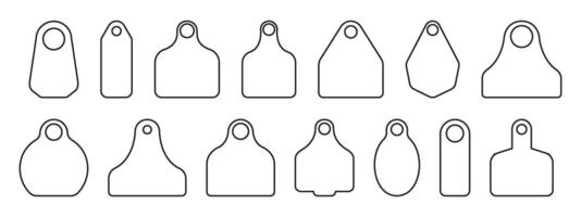 Ear tags for cattle. Set of identification labels for farm animals. Collection of earmark mockups for livestock isolated on white background. outline illustration vector