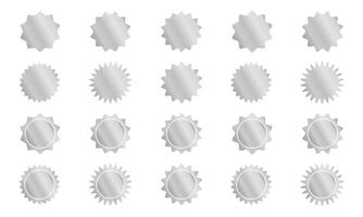 Set of silver round stickers with wiggly and zigzag borders. Shining quality labels, badges, price tags, sale promotions, seal stamps with wavy edges isolated on white background. illustration vector