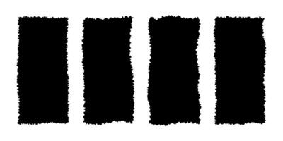 Set of ripped paper textures. Black rectangle shapes with torn edges. Empty ragged text box, label, tag, patch, collage element templates isolated on white background vector