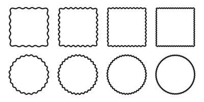 Set of circle and square frames with wavy and zigzag edges. Rectangular and round shapes with curvy and jagged borders isolated on white background vector