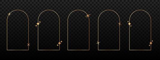 Aesthetic golden arch shapes with twinkles and sparkles icons. Set of gold boho arc frames. Decorative elements in trendy 80s 90s cosmic style. Vintage vignettes. illustration vector