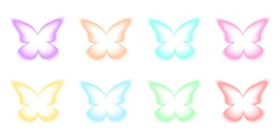 Colorful butterfly shapes in holographic blurry style. Set of trendy y2k stickers with gradient aura effect isolated on dark background vector