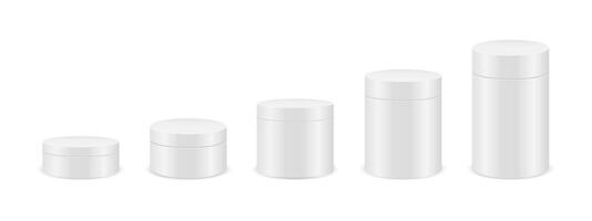 Different sized round boxes for gifts, hats, presents, sweets, cookies. Set of silver cylinder packages isolated on white background. Can templates for product design vector
