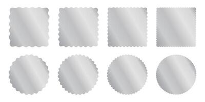 Set of silver square and circle sticker templates with wiggle borders. Shining labels, badges, price tags, coupons, stamps with wavy edges isolated on white background. illustration vector