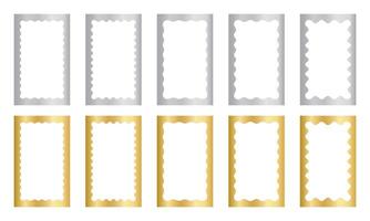 Set of gold rectangle mirror, photo or picture frames with wavy inner borders. Golden rectangular undulate design elements, stickers or tags isolated on white background. illustration vector