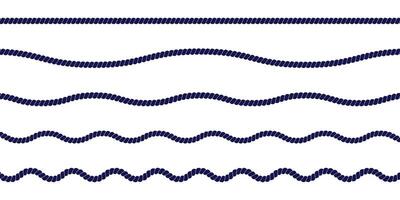 Different straight and wavy rope borders. Cord, thread, cable, twine, jute isolated on white background. Design elements on marine, sailor, yacht, nautical theme. flat illustration vector