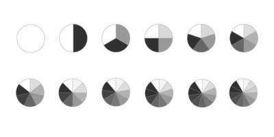 Circle divides into slices from 1 to 12. Donut or pie chart templates. Round shapes cut in equal parts. Set of segmented wheel diagrams isolated on white background. graphic illustration vector