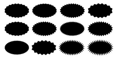 Set or oval shapes with wiggly and zigzag borders. Empty black sale, price, discount, special offer, coupon, promo code stickers. Speech bubbles, messages, text boxes in cartoon style vector