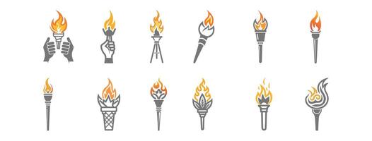 Fire Torch Icons Set Outlined Illustrations for Design. vector