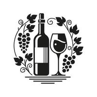 An image of a wine glass, wine bottle leaves and a bunch of grapes done in a stencil style, black on a white background. vector