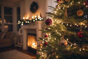 Close up image of a Christmas tree captured with an out of focus effect in the cozy room with fireplace. Christmas time photo