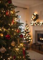 Close up image of a decorated Christmas tree captured with an out of focus effect in the cozy room with fireplace photo