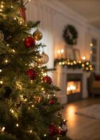 Close up image of a Christmas tree captured with an out of focus effect in the cozy room with fireplace photo