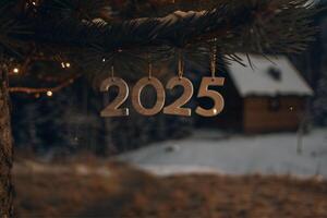 Decorated Christmas tree with the numbers 2025 hanging on it. Happy New Year photo