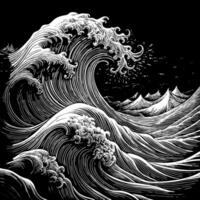 Black and White Illustration of Powerful Ocean Waves Crashing Against Each Other vector