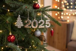 Close up view of the decorated Christmas tree with the numbers 2025 hanging on it. Happy New Year photo