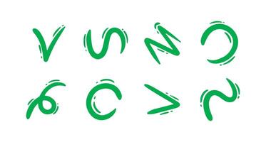 Hand drawn green line arrows set. curvy and wavy arrows isolated on white background. vector