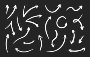 Hand drawn arrows set. Scribble lines, swirls arrows, scrawls. Doodle drawing. Direction pointers on black background vector