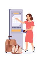 Woman self check in at automatic machine in airport terminal. Buying air plane tickets at self-service kiosk. Tourist at electronic digital screen for check-in machine. Flat illustration vector