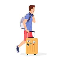 Tourist with a suitcase and a backpack hurry trying to get his flight or train. Flat illustration isolated on white background vector