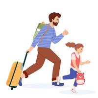 Father with child with suitcase and passport in a hurry trying to get his flight or train. Worried man and girl run with baggage to gates upset with missed flight. characters flat style vector