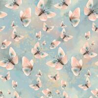 Delicate, flying, elegant butterflies in the trendy pastel color peach fuzz in a vintage style. Hand drawn watercolor illustration. Seamless pattern, repeating ornament on a blue background vector