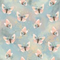Delicate, flying, elegant butterflies in the trendy pastel color peach fuzz in a vintage style. Hand drawn watercolor illustration. Seamless pattern, repeating ornament on a blue background vector