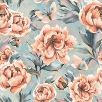 Beautiful peonies in peach fuzz color with leaves, buds and flying butterflies. Hand drawn watercolor illustration. Seamless pattern. vector