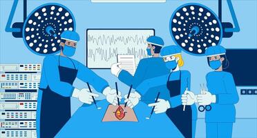 Multicultural doctors performing surgery flat illustration. Scrubs surgeons operating together with scalpels 2D characters cartoon background. Surgical procedure scene storytelling image vector