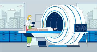 MRI scan patient flat illustration. Radiologist supervising man lying for xray brain 2D characters cartoon background. Diagnosis CT. Scanner magnetic resonance imaging scene storytelling image vector