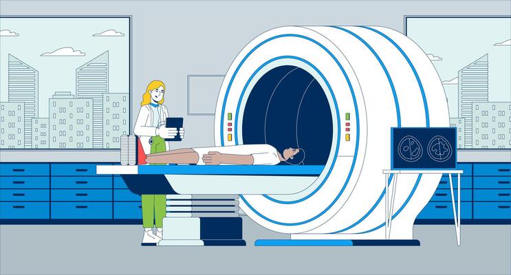 MRI scan patient flat illustration. Radiologist supervising man lying for xray brain 2D characters cartoon background. Diagnosis CT. Scanner magnetic resonance imaging scene storytelling image