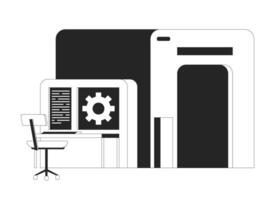 Industrial workstation with digital interface and machinery black and white 2D line object. Factory production technology isolated clip art outline item. Monochromatic spot illustration vector