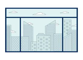 City skyline through window 2D cartoon object. Modern buildings, clouds. Architectural view. Urban landscape. Cityscape isolated element flat clipart on white background. Spot illustration vector
