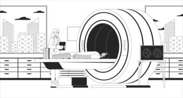MRI scan patient black and white line illustration. Radiologist supervising man lying for xray brain 2D characters monochrome. Diagnosis CT. Scanner magnetic resonance imaging outline image vector