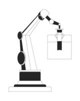 Robotic arm handling package black and white 2D line object. Factory automation in logistics manufacturing. Box packaging machine isolated clip art outline item. Monochromatic spot illustration vector