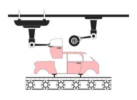Car manufacturing process black and white 2D line object. Factory production line. Robotic arms attaching automobile wheel, door isolated clip art outline item. Monochromatic spot illustration vector