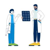 Diverse doctors discussing patient MRI xray cartoon flat illustration. Neurologists analyzing brain magnetic resonance imaging scan 2D characters isolated on white background. colorful image vector