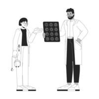 Diverse doctors discussing patient MRI xray linear illustration. Neurologists analyzing brain magnetic resonance imaging scan 2D line characters isolated on white. Monochrome outline image vector