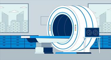 MRI scanner room empty flat illustration. Medical equipment. Radiology magnetic resonance imaging 2D interior cartoon background. Computed tomography machine. CT scan technology scene image vector