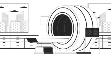 MRI scanner room empty black and white line illustration. Medical equipment. Radiology magnetic resonance imaging 2D interior monochrome. Computed tomography machine. CT scan technology outline vector