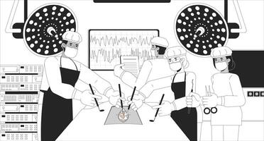 Multicultural doctors performing surgery black and white line illustration. Scrubs surgeons operating together with scalpels 2D characters monochrome. Surgical procedure outline image vector