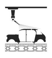 Car body airbrushing with industrial paint robot black and white 2D line object. Automatic spray coating on vehicle frame isolated clip art outline item. Monochromatic spot illustration vector