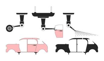 Automotive parts manufacturing black and white 2D line objects set. Car production. Vehicle assembly robotic arms isolated clip arts outline items collection. Monochrome spot illustrations vector