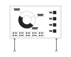 Segmented pie chart on presentation board black and white 2D line object. Circular piechart annotated with labels analytics isolated clip art outline item. Monochromatic spot illustration vector